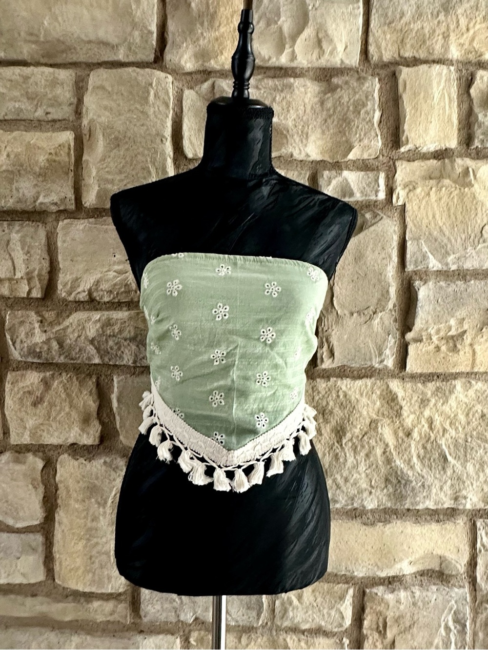 Boho Green Embroidered Tassel Bandana Top